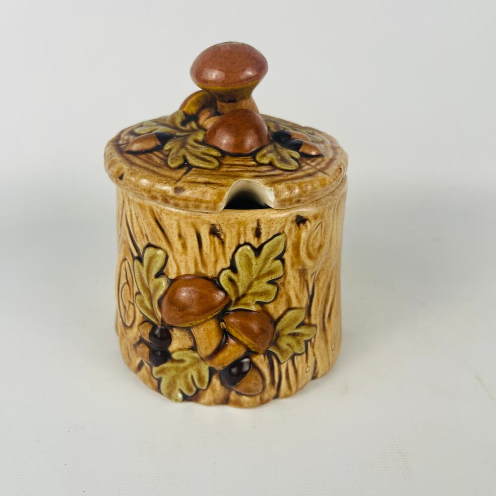 Lefton Mushroom Forest Ceramic Sugar Bowl Jar 3D Stump Design Acorns